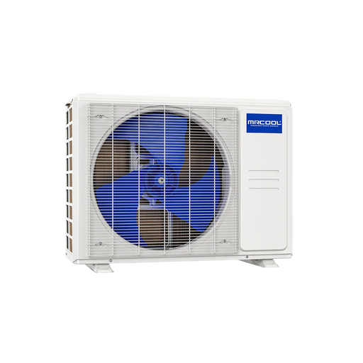 MRCOOL DIY Select condenser, front view with fan grille and MRCOOL badge