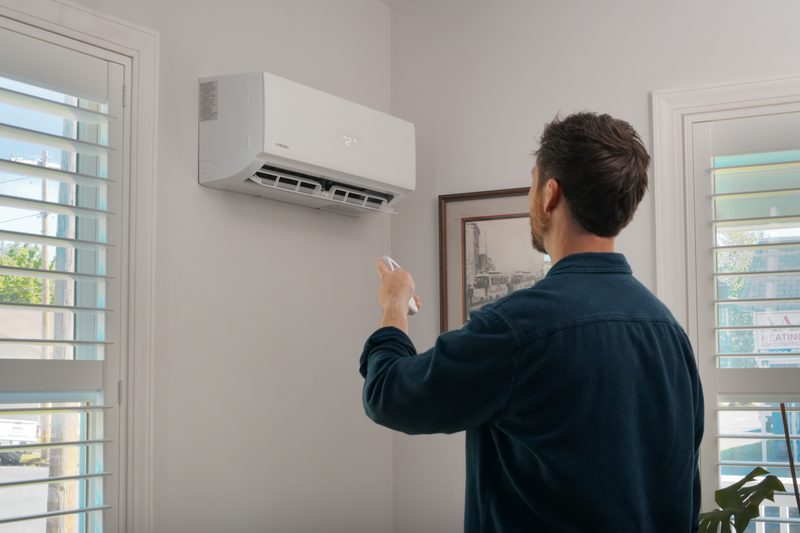DIY Select air handler on a living room wall being operated with its handheld remote