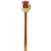 MRCOOL 3/8 inch flare-to-weld fitting with brass flare nut, red cap and straight copper stub
