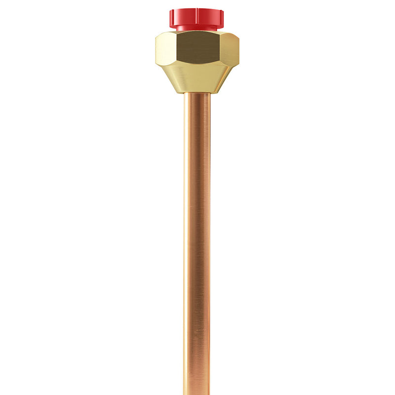 MRCOOL 3/8 inch flare-to-weld fitting with brass flare nut, red cap and straight copper stub