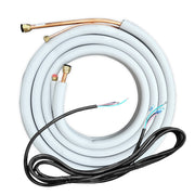 MRCOOL copper line set coiled with white insulation, flare nuts and black communication wire
