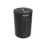 MRCOOL HeatWise 28-gallon lowboy electric water heater, three-quarter view of the short black tank with one access panel and top pipe fittings