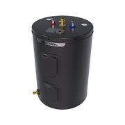 HeatWise 38-gallon lowboy water heater from the front left, wide short black tank with two access panels and brass drain valve