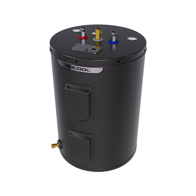 HeatWise 38-gallon lowboy water heater from the front left, wide short black tank with two access panels and brass drain valve