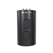 MRCOOL HeatWise 30 gallon standard electric tank water heater, front view of the black cabinet with MRCOOL band, two element access covers and drain valve