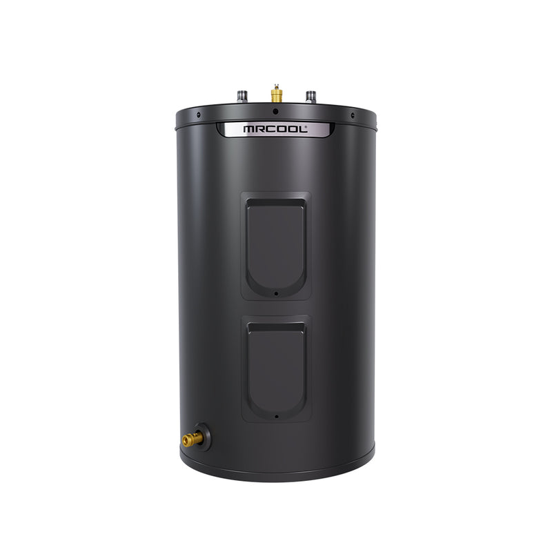MRCOOL HeatWise 30 gallon standard electric tank water heater, front view of the black cabinet with MRCOOL band, two element access covers and drain valve