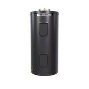 MRCOOL HeatWise 40 gallon standard electric tank water heater, front view of the black cabinet with MRCOOL band, two element access covers and drain valve
