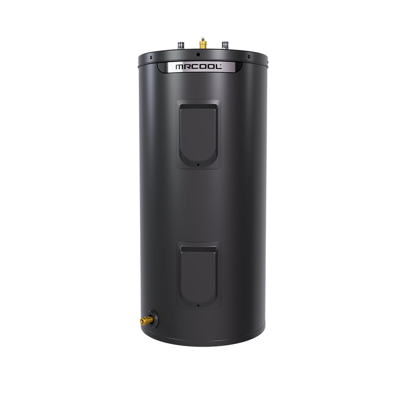 MRCOOL HeatWise 40 gallon standard electric tank water heater, front view of the black cabinet with MRCOOL band, two element access covers and drain valve