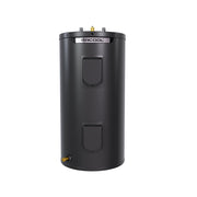 MRCOOL HeatWise 50 gallon standard electric tank water heater, front view of the black cabinet with MRCOOL band, two element access covers and drain valve