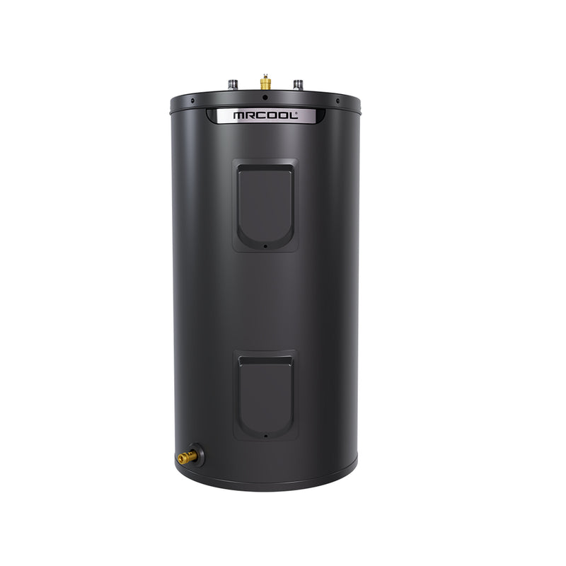 MRCOOL HeatWise 50 gallon standard electric tank water heater, front view of the black cabinet with MRCOOL band, two element access covers and drain valve