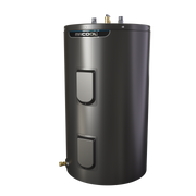 HeatWise standard water heater from the front left, showing the top pipe connections and brass drain valve