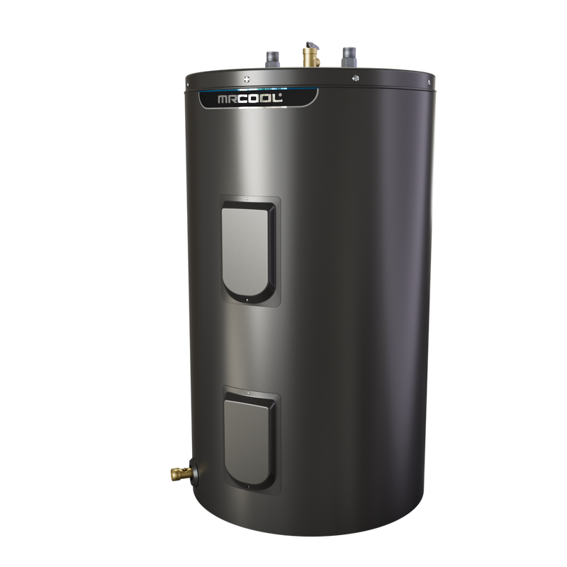 HeatWise standard water heater from the front left, showing the top pipe connections and brass drain valve