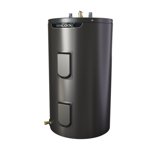 HeatWise standard water heater from the front left, showing the top pipe connections and brass drain valve