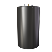 Back of the HeatWise standard water heater, plain black cabinet with top fittings