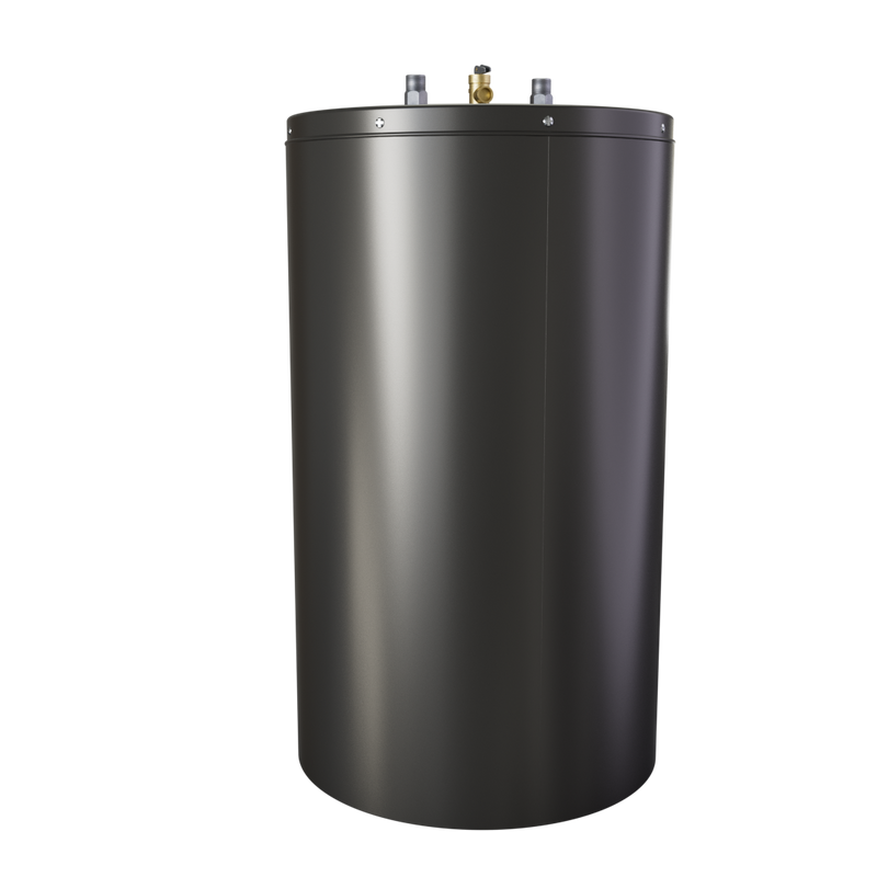 Back of the HeatWise standard water heater, plain black cabinet with top fittings
