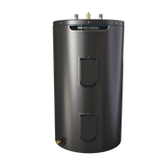 MRCOOL HeatWise standard electric tank water heater, front view of the black cabinet with MRCOOL band, two access panels and drain valve