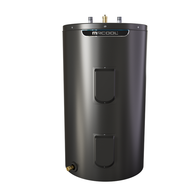 MRCOOL HeatWise standard electric tank water heater, front view of the black cabinet with MRCOOL band, two access panels and drain valve