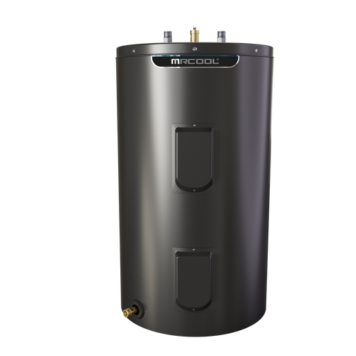 MRCOOL HeatWise standard electric tank water heater, front view of the black cabinet with MRCOOL band, two access panels and drain valve