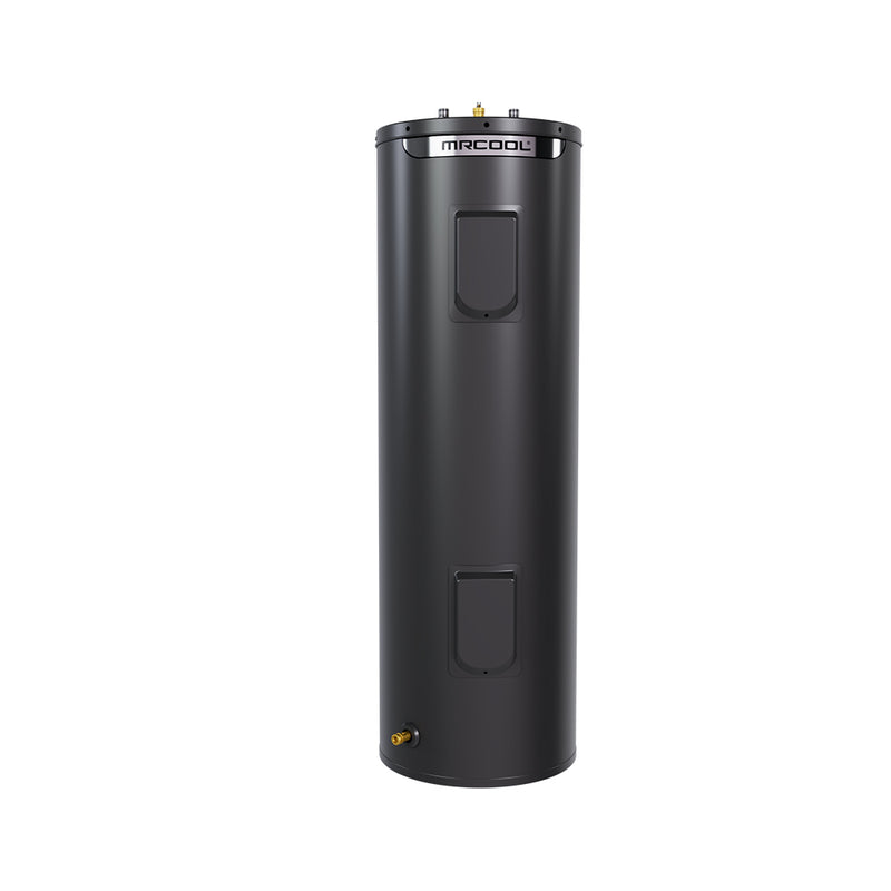 HeatWise 40-gallon tall electric water heater, front view of the slim black tank with upper and lower access panels