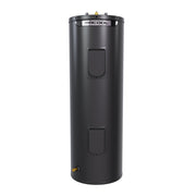 HeatWise 50-gallon tall electric water heater, front view of the slim black tank with MRCOOL band and drain valve