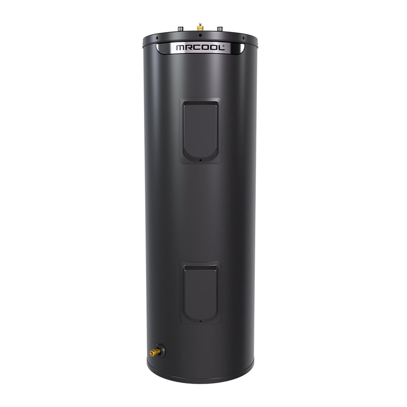 HeatWise 50-gallon tall electric water heater, front view of the slim black tank with MRCOOL band and drain valve