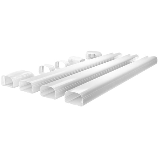 White MRCOOL LineGuard kit laid out: straight cover sections with joining pieces and fittings