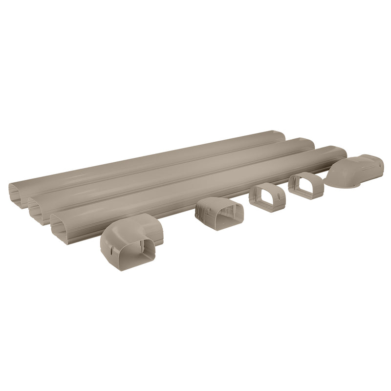 Tan MRCOOL LineGuard kit: straight sections, bend, joining pieces and end fitting