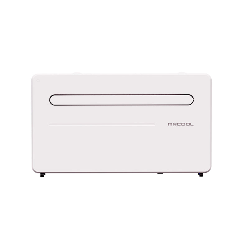 MRCOOL Monoblock through-wall heat pump, front view of the white cabinet with its slot air outlet closed