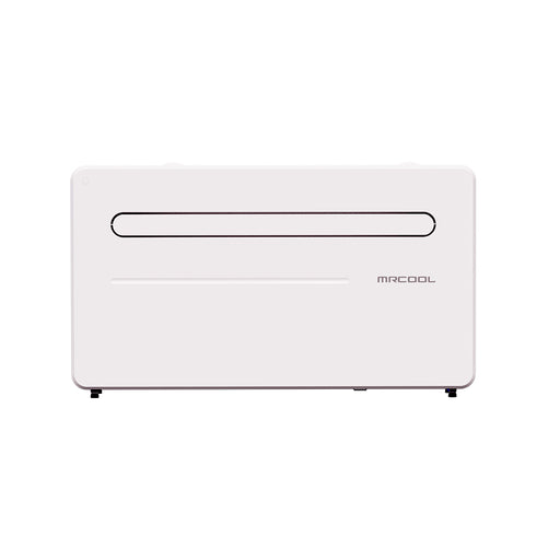 MRCOOL Monoblock through-wall heat pump, front view of the white cabinet with its slot air outlet closed