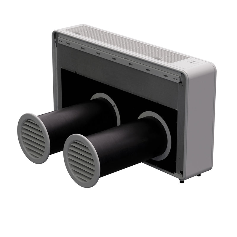 Back of the Monoblock with its two vent tubes capped by round outdoor grilles