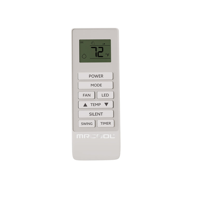 Monoblock remote control with LCD temperature readout and power, mode, fan, silent, swing and timer buttons