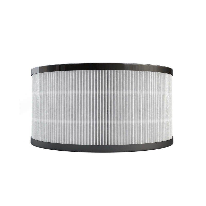 Side view of the MRBREEZE cartridge showing the full ring of fine vertical pleats between two black end caps