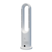 MrBreeze bladeless fan turned slightly to the side, showing the slim profile of the white tower and its air outlet slots