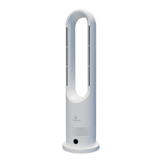 MrBreeze bladeless fan turned slightly to the side, showing the slim profile of the white tower and its air outlet slots