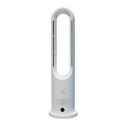 MRCOOL MrBreeze Hot + Cool bladeless fan, front view of the white oval air ring on its round base with intake grille