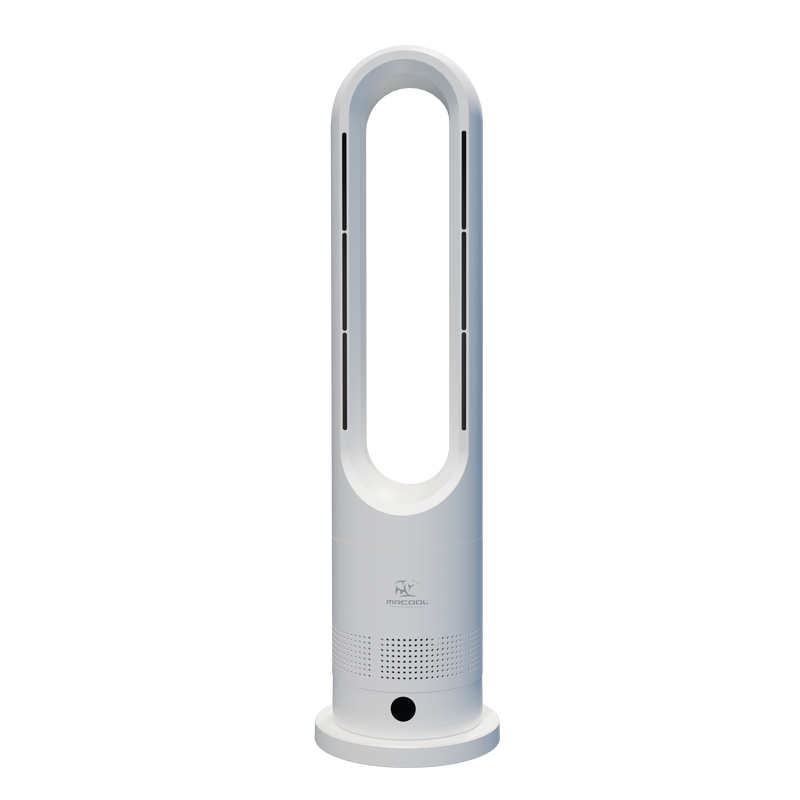 MRCOOL MrBreeze Hot + Cool bladeless fan, front view of the white oval air ring on its round base with intake grille