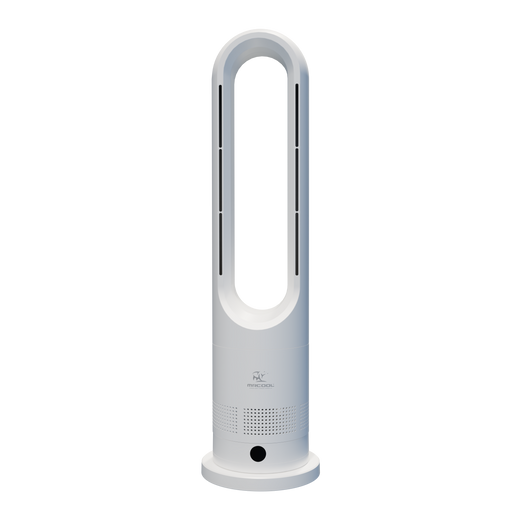 MRCOOL MrBreeze Hot + Cool bladeless fan, front view of the white oval air ring on its round base with intake grille