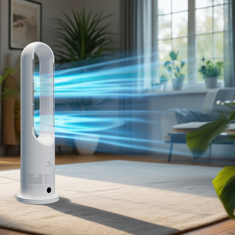 MrBreeze bladeless fan on a living room rug, with blue lines tracing cool airflow across the room