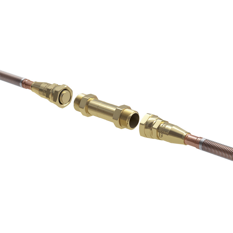 Exploded render of a No-Vac coupler between two line set Quick Connect fittings