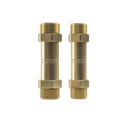 MRCOOL No-Vac coupler pair, the larger 3/4" and smaller 3/8" brass-colored couplers standing side by side