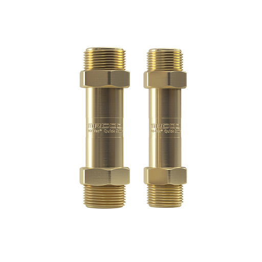 MRCOOL No-Vac coupler pair, the larger 3/4" and smaller 3/8" brass-colored couplers standing side by side