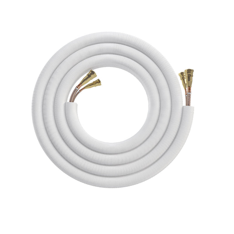 MRCOOL No-Vac line set coiled in white insulation with brass Quick Connect fittings on both ends