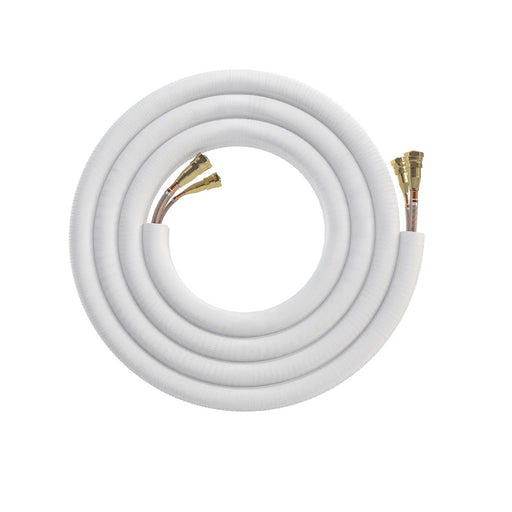 MRCOOL No-Vac line set coiled in white insulation with brass Quick Connect fittings on both ends