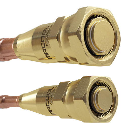 Close-up of the two brass Quick Connect fittings stamped MRCOOL on the copper lines