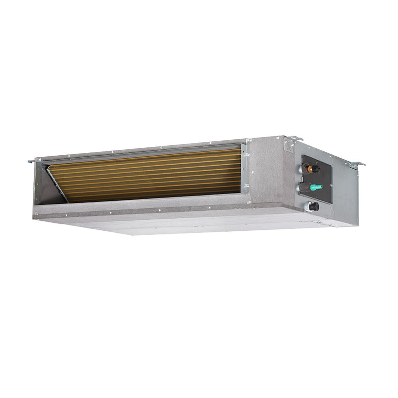 MRCOOL Olympus 9,000 to 18,000 BTU ducted air handler from the right, with refrigerant connections and control box
