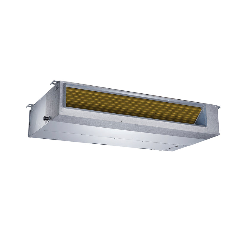 MRCOOL Olympus 9,000 to 18,000 BTU ducted air handler, three-quarter view of the galvanized cabinet and supply opening
