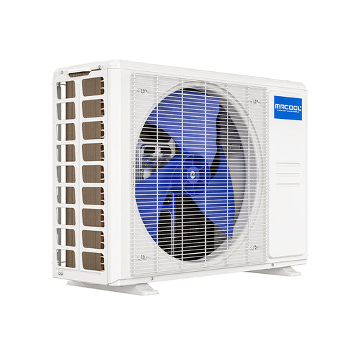 MRCOOL Olympus E Star outdoor condenser, three-quarter view with blue fan blade, side coil and MRCOOL badge