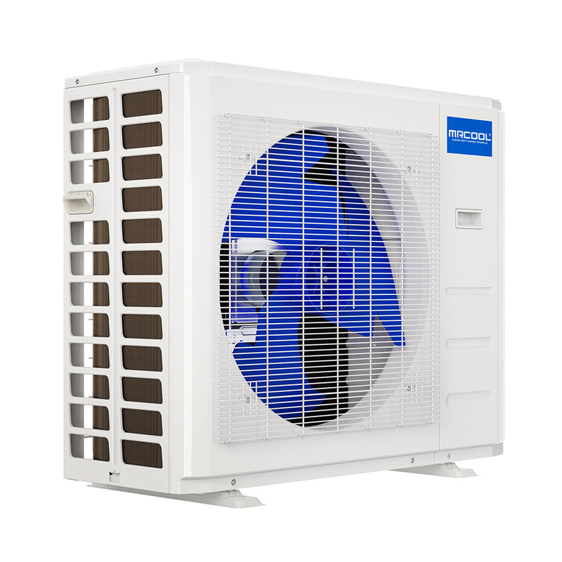 MRCOOL Olympus E Star 24,000 BTU condenser, three-quarter view showing the side coil guard