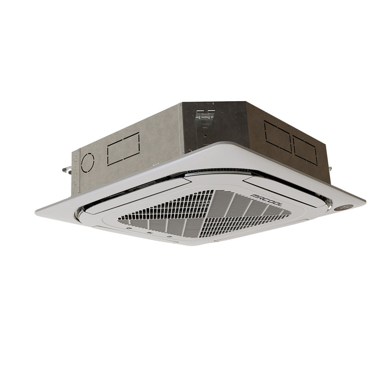MRCOOL Olympus ceiling cassette from a low angle, showing the panel louvers and body