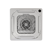MRCOOL Olympus ceiling cassette panel seen from below, with round center grille, four louvers and display